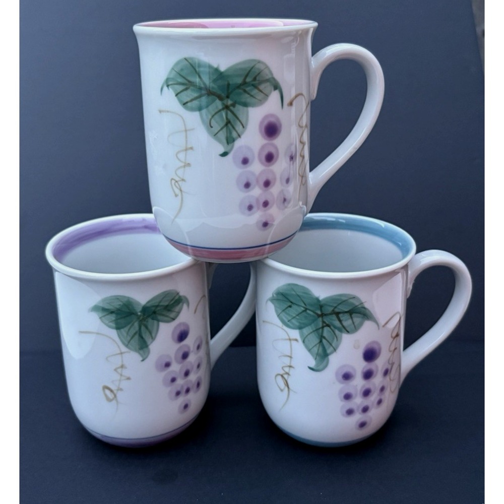 Vintage ceramic coffee mugs Takahashi San Fransisco hand painted grapes set of 3